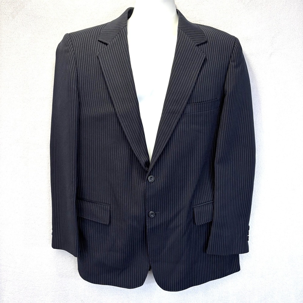 Vintage Sears Perma-Prest Pinstripe Suit‎ Jacket Blazer Mens 44R Navy Blue